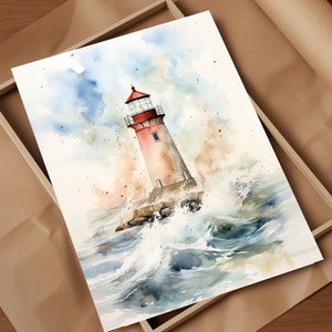 Puede incluir: Pintura acuarela de un faro rojo y blanco que se alza sobre un afloramiento rocoso en un mar tormentoso. Las olas rompen contra las rocas y el cielo es azul claro con nubes blancas.