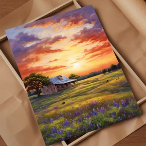 Texas Ranch Sunset Rural Landscape Art Gaze Upon the Tranquil Beauty of a Texas Ranch at Sunset in This Captivating Rural Landscape Artwork