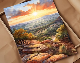 Enchanted Rock Sunrise Hill Country Watercolor Art Start Your Day with Serenity Admiring the Gentle Glow of Sunrise Over Enchanted Rock
