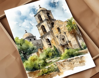 May include: Watercolour painting of a historic church with a bell tower and a smaller building in the background. The church is surrounded by lush green trees and a stone wall.