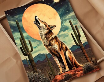 Howling Desert Coyote Night Sky Mysterious Charm Embodied in Monochrome Art Under a Starlit Southwestern Night Sky Echoing Nature's Mystique