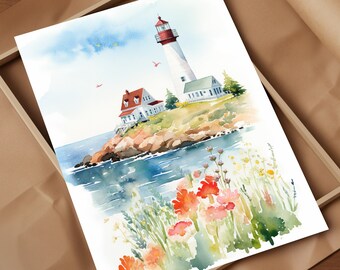 New England Coast Whimsy Watercolor Views Art Print Explore Whimsical Beauty of New England Harbor Coastal Charms in Gentle Tones Lighthouse