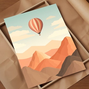 Hot Air Balloon Adventure Awaits A Desert Landscape Depiction Minimalist Wall Art Print Exploration Presented in a Earth Tone Palette Decor