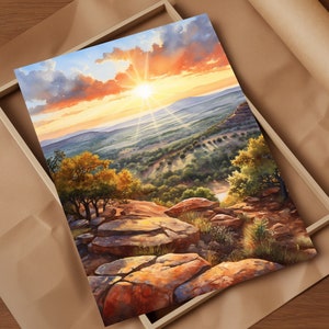 Enchanted Rock Sunrise Hill Country Watercolor Art Start Your Day with Serenity Admiring the Gentle Glow of Sunrise Over Enchanted Rock