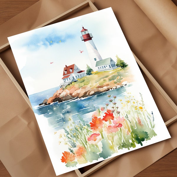 New England Coast Whimsy Watercolour Views Art Print Explorez la beauté fantaisiste des charmes côtiers du port de la Nouvelle-Angleterre dans des tons doux Phare