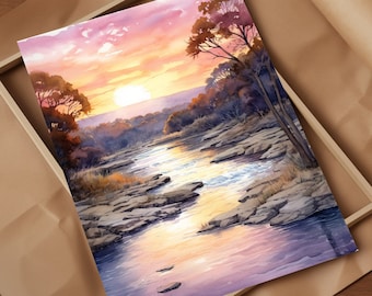 Frio River Sunset Garner State Park Watercolor Art Print Experience Breathtaking Sunset Convey Warmth in Subtle Hues Nature-Inspired Decor