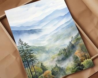 Smoky Mountains Watercolor Art Print Tennessee Blue Ridge Serenity Views Journey through Serene Blue Ridge Peaceful Vistas Abstract Nature