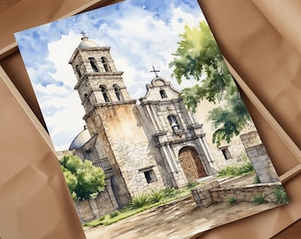 May include: Watercolour painting of a stone church with a tall bell tower and a large wooden door. The church is surrounded by trees and bushes, and the sky is blue with white clouds.