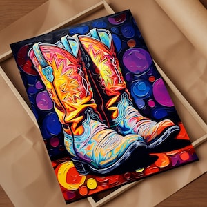 Rodeo Rhapsody Cowboy Boots Print Abstract Oil Style Art Celebrating Colorful Expression and Vibrant Western Flair Wild West Wall Decor Gift