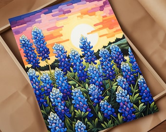 Texas Bluebonnets in Bloom An Abstract Colorful Print with the Sun Setting Backdrop Embracing the Iconic Beauty of the Austin Hill Country