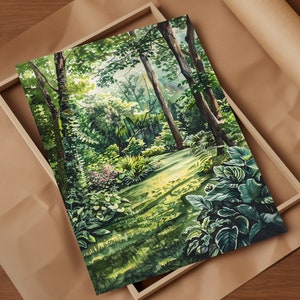 May include: A watercolour painting of a lush green woodland with sunlight filtering through the trees. The painting features a path leading through the woodland, with green foliage and trees on either side.