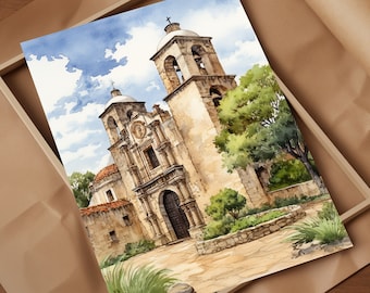 May include: A watercolour painting of a historic church with a tall bell tower and a stone facade. The church is surrounded by lush greenery and a stone wall.