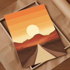 Könnte beinhalten: Eine digitale Illustration einer Wüstenlandschaft mit einer langen, geraden Straße, die zu einer großen, gelben Sonne führt. Die Straße ist von braunen Hügeln und einem leuchtend orangenen Himmel umgeben.