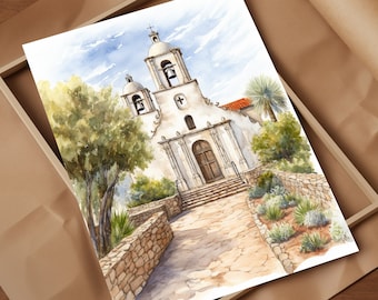 May include: Watercolour painting of a white church with a stone pathway leading up to the entrance. The church has a bell tower and a cross on top. There are trees and bushes surrounding the church.