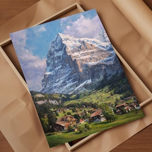 Impresión artística de pintura al óleo de Grindelwald y el Eiger, chalets en un pueblo alpino suizo, prados bajo un espectacular paisaje montañoso de la cara norte.
