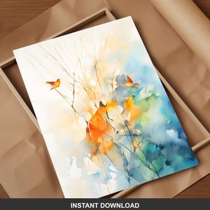 May include: Watercolor painting featuring orange birds perched on delicate branches against a backdrop of vibrant blues, greens, and oranges. The artwork is displayed in a wooden frame, with the words "INSTANT DOWNLOAD" at the bottom.