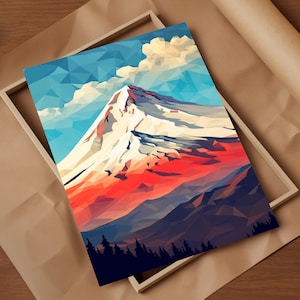 Mount Shasta Geometric Abstraction Wall Art Print Bold Shapes Patterns Capture Aerial View Distinctive Volcanic Features
