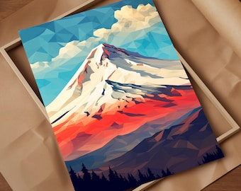 Mount Shasta Geometric Abstraction Wall Art Print Bold Shapes Patterns Capture Aerial View Distinctive Volcanic Features