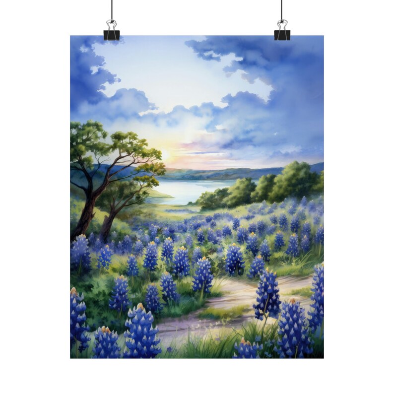 Celebrate Texas wild beauty with this watercolor print of Muleshoe Bend bluebonnet fields. Perfect for nature lovers and Lone Star enthusiasts. Tranquility of a Texas ranch sunset with this rural landscape art. Heart of the Hill Country Texas.