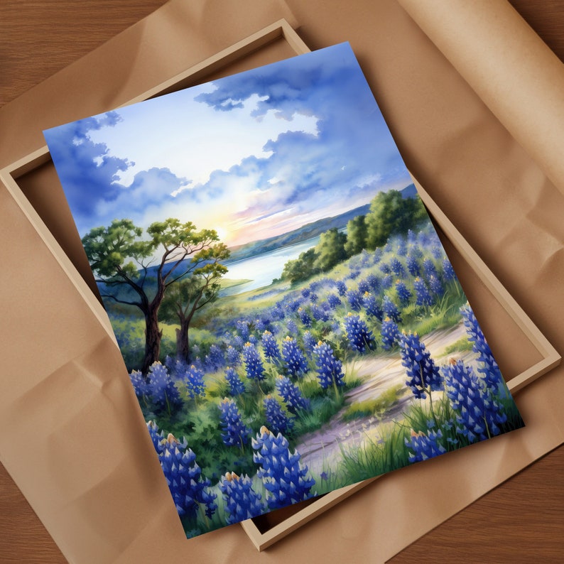 Celebrate Texas wild beauty with this watercolor print of Muleshoe Bend bluebonnet fields. Perfect for nature lovers and Lone Star enthusiasts. Tranquility of a Texas ranch sunset with this rural landscape art. Heart of the Hill Country Texas.