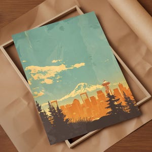 L'impression d'art minimaliste Mount Rainier et Seattle Skyline témoignent du charme de Rainier surplombant la ville dans des lignes épurées, des couleurs vintage nostalgiques