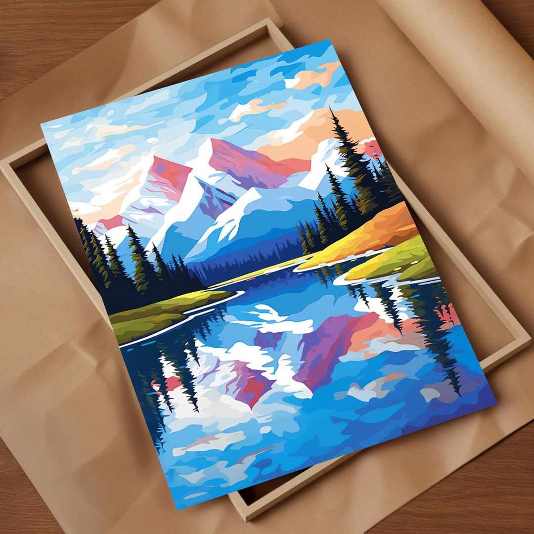 Mountain River Landscape Art Print With Reflective River Snow Peaks ...