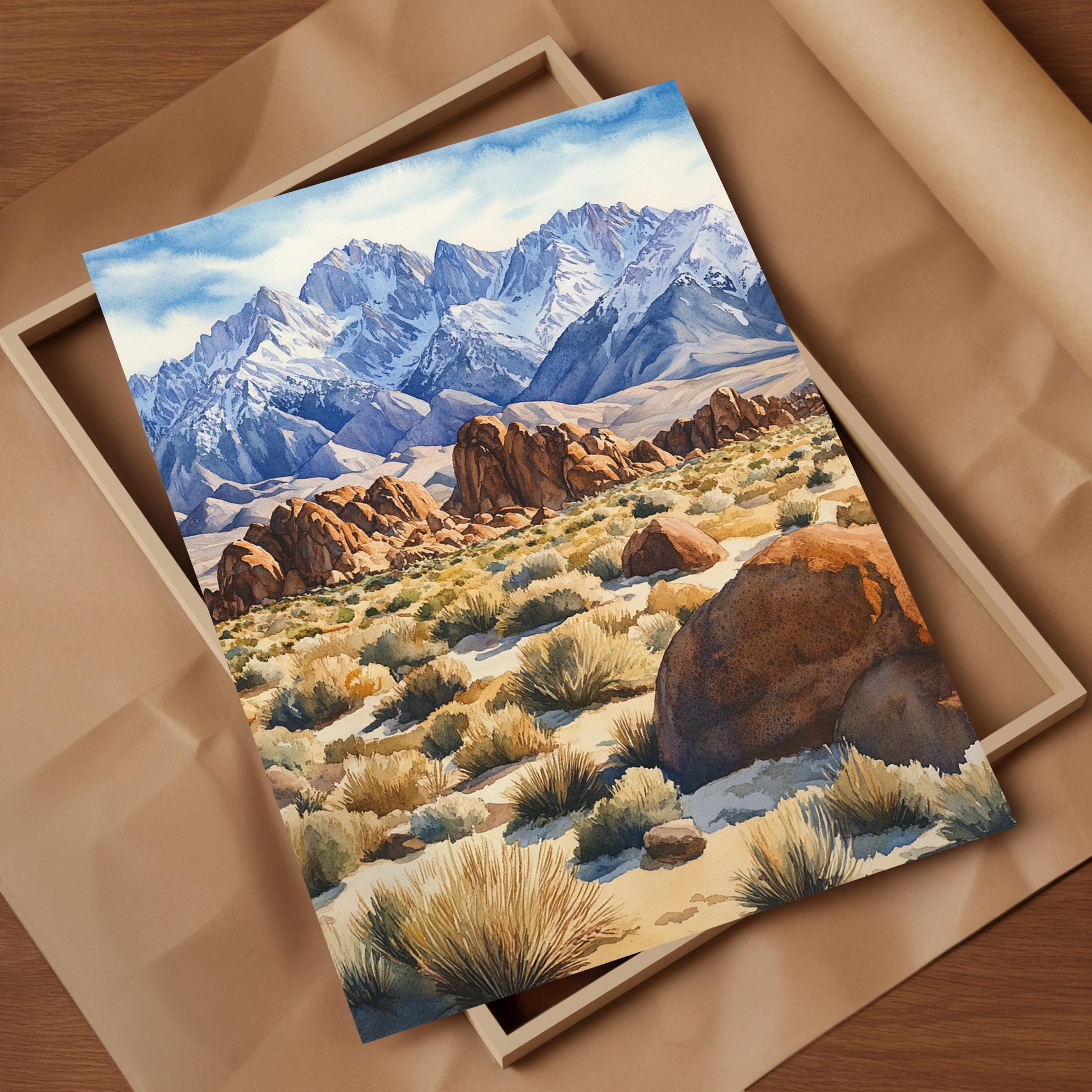 Alabama Hills and Sierra Nevada Watercolor Art Print Capture Desert Hills and Jagged Peaks in Blend of Warm Earthy and Cool Mountain Tones