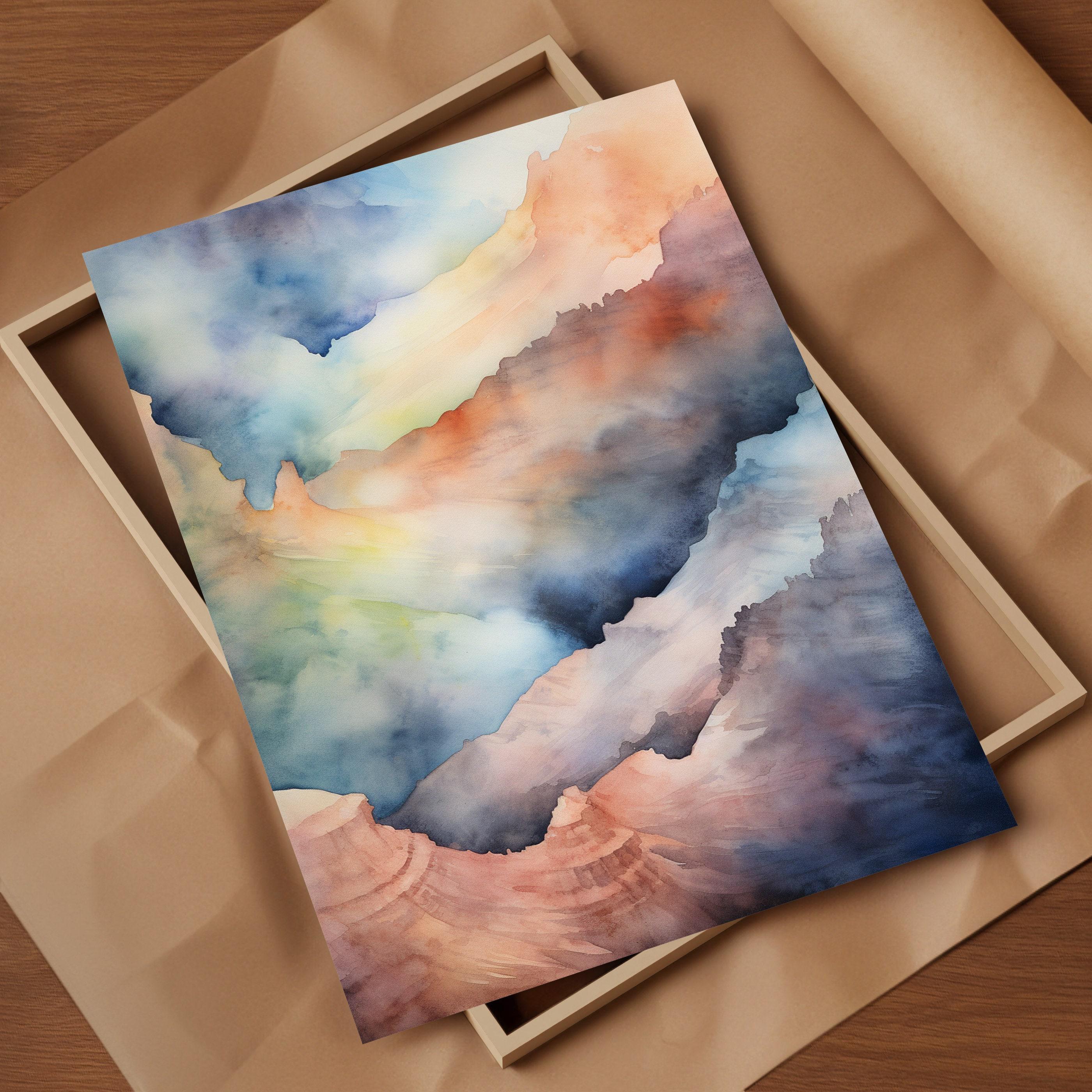 Three Sisters Inspired Watercolor Panorama Print Essence of Volcanic Peaks Unique Overhead Perspective Gentle Hues Highlight Distinct Peaks