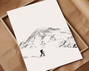 Mount Baker Skiing Minimalist Poster Glide Through Powder at Mount Baker Minimalist Art Print Lone Skier Clean Snowy Background