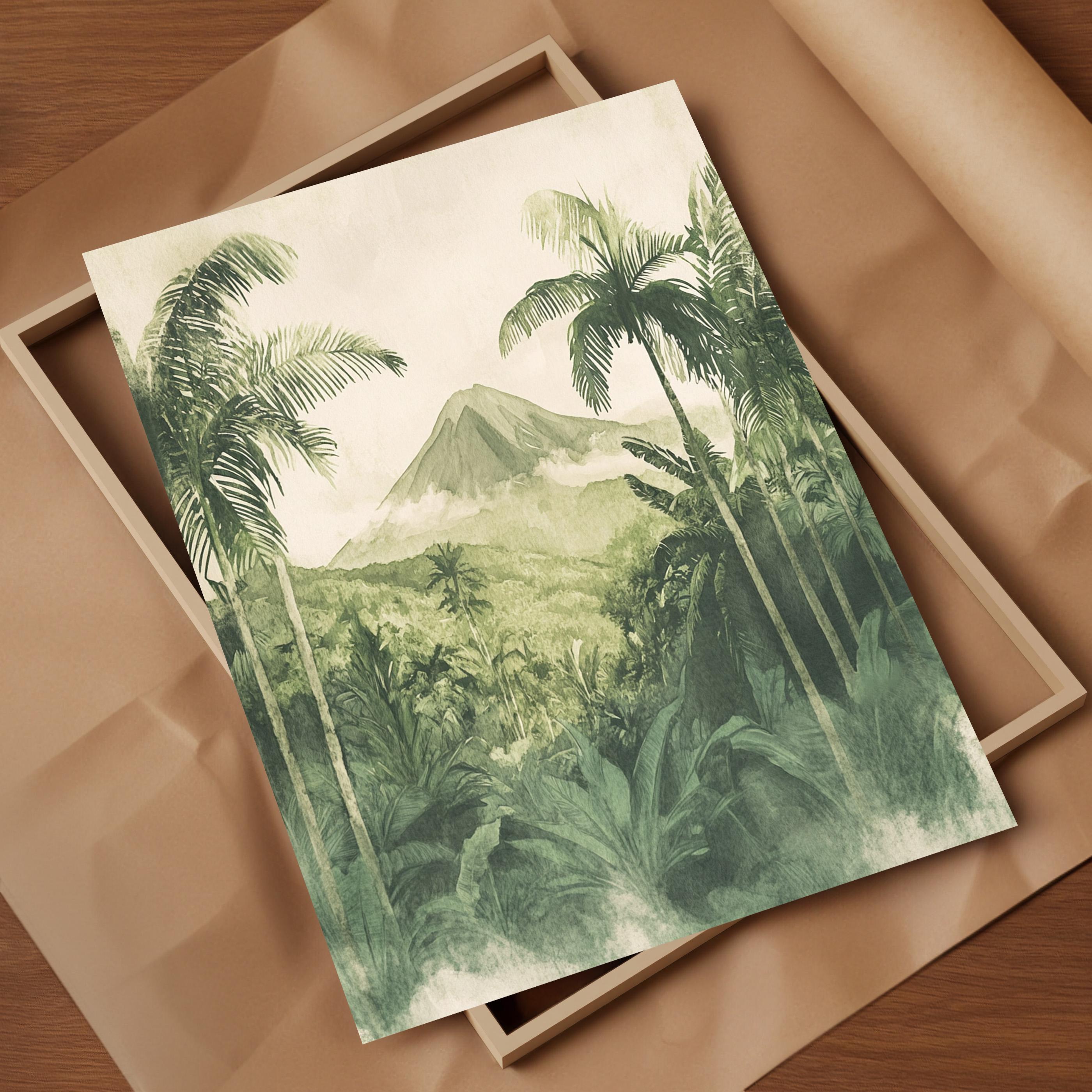 Arenal Volcano Costa Rica Watercolor Art Print Lush Jungle Landscape Wall Art with Smoky Greens, Palms, and Peaceful Volcanic Scenery