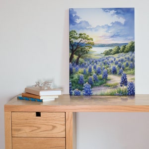 Celebrate Texas wild beauty with this watercolor print of Muleshoe Bend bluebonnet fields. Perfect for nature lovers and Lone Star enthusiasts. Tranquility of a Texas ranch sunset with this rural landscape art. Heart of the Hill Country Texas.
