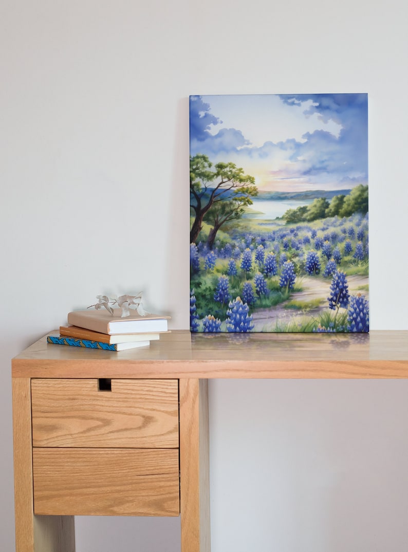 Celebrate Texas wild beauty with this watercolor print of Muleshoe Bend bluebonnet fields. Perfect for nature lovers and Lone Star enthusiasts. Tranquility of a Texas ranch sunset with this rural landscape art. Heart of the Hill Country Texas.