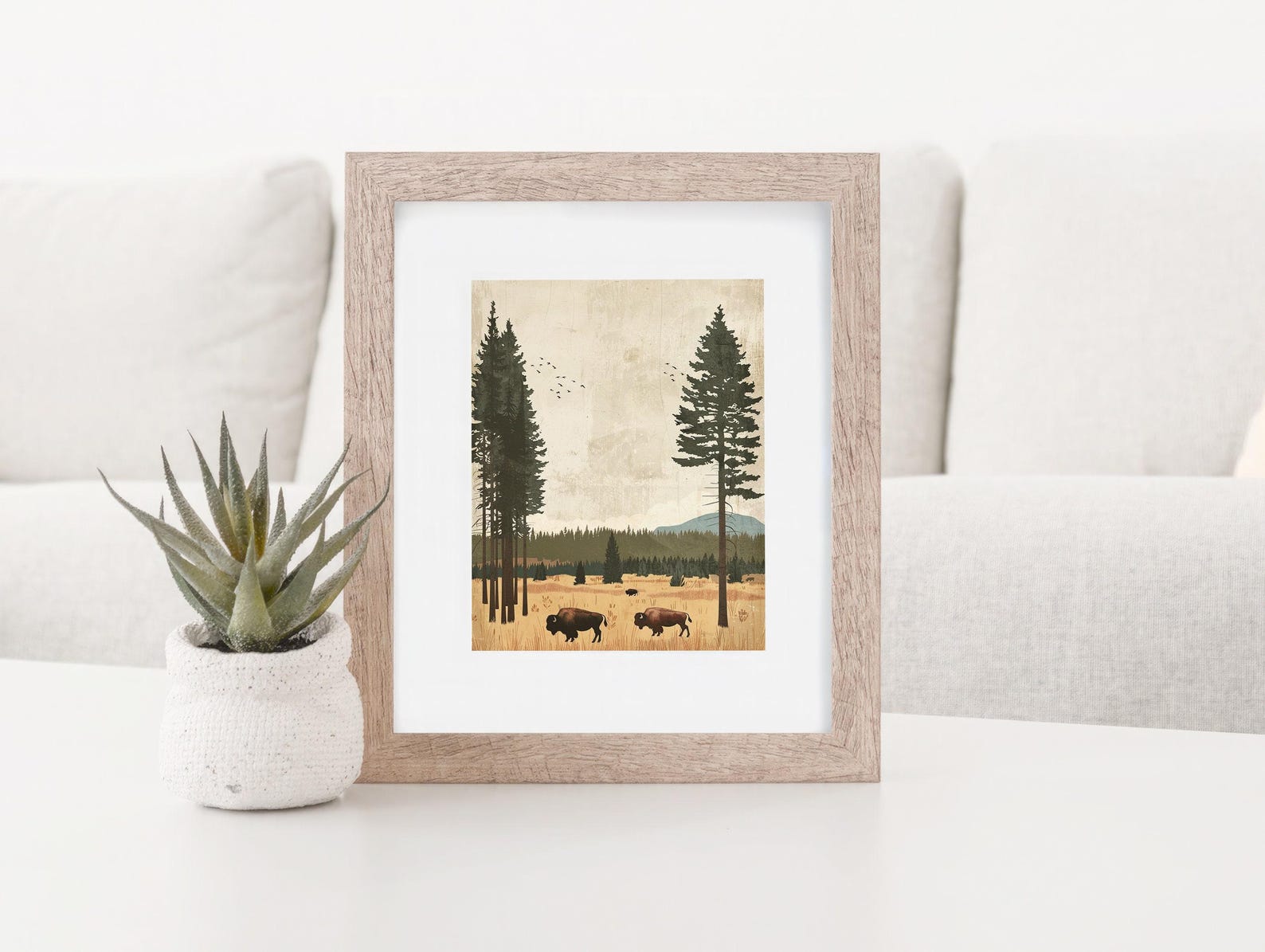 Yellowstone Park Wildlife Bison Grazing in Vintage Minimalist Art Print ...