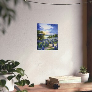 Celebrate Texas wild beauty with this watercolor print of Muleshoe Bend bluebonnet fields. Perfect for nature lovers and Lone Star enthusiasts. Tranquility of a Texas ranch sunset with this rural landscape art. Heart of the Hill Country Texas.