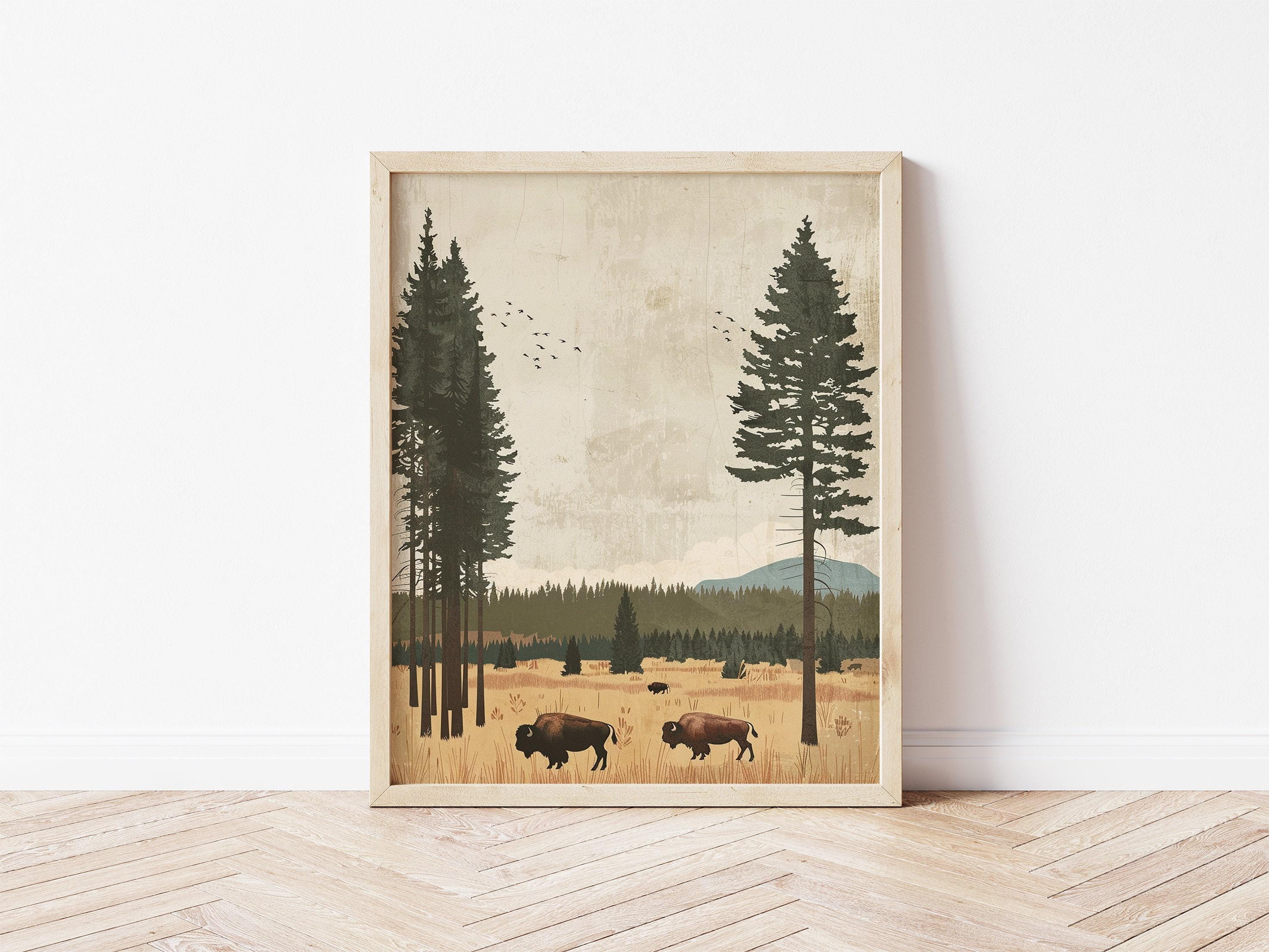 Yellowstone Park Wildlife Bison Grazing in Vintage Minimalist Art Print ...