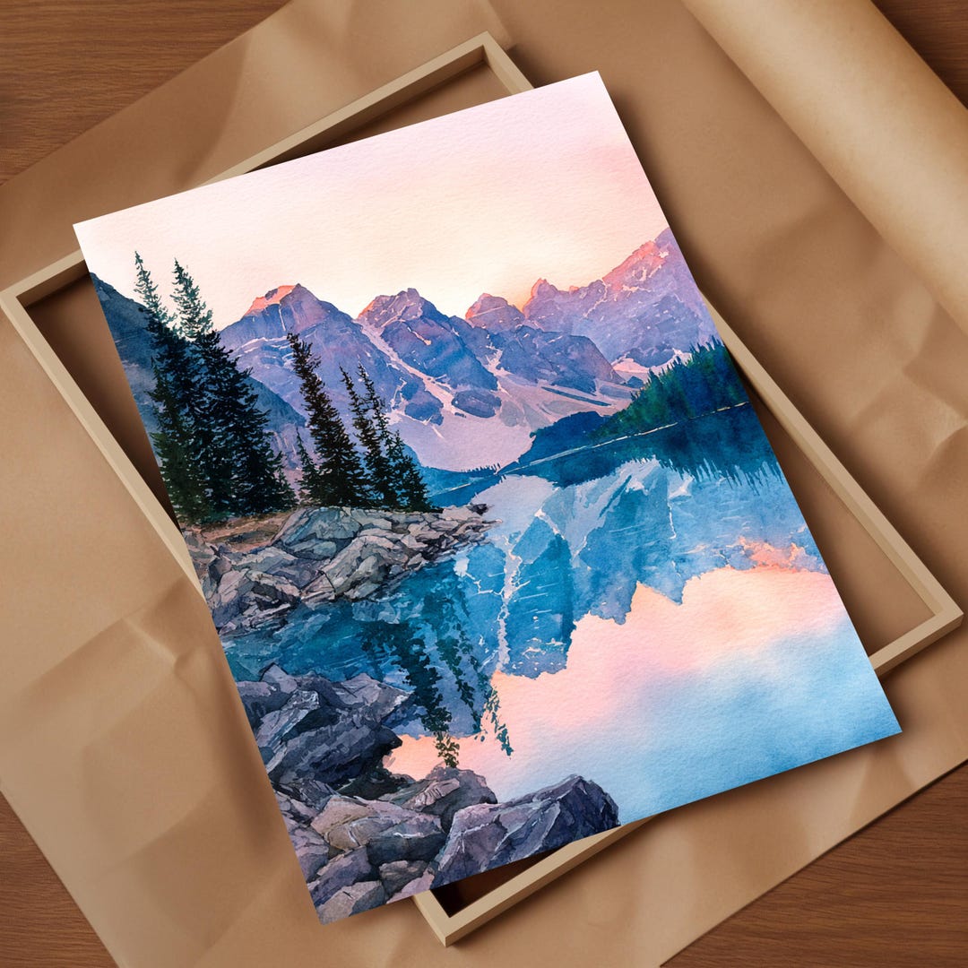 Moraine Lake Sunrise Watercolor Canadian Rockies Art Print Soft Blue ...