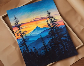 Mount Jefferson Sunrise Oil Painting Art Print Serene Beauty with Douglas Fir Silhouettes Bask in the Warm Sun and Admire the Majestic Peak