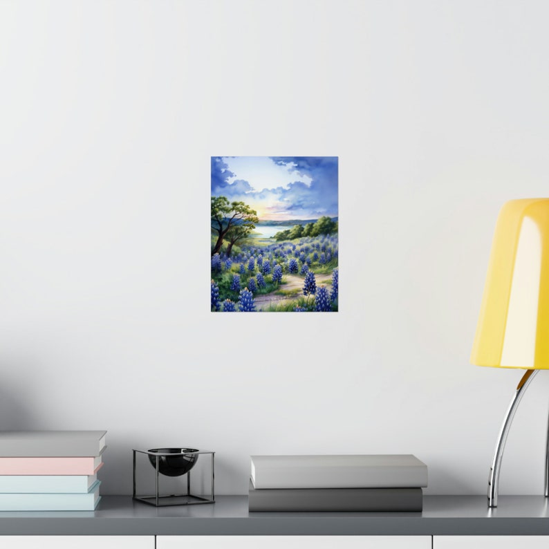 Celebrate Texas wild beauty with this watercolor print of Muleshoe Bend bluebonnet fields. Perfect for nature lovers and Lone Star enthusiasts. Tranquility of a Texas ranch sunset with this rural landscape art. Heart of the Hill Country Texas.