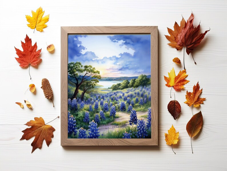 Celebrate Texas wild beauty with this watercolor print of Muleshoe Bend bluebonnet fields. Perfect for nature lovers and Lone Star enthusiasts. Tranquility of a Texas ranch sunset with this rural landscape art. Heart of the Hill Country Texas. Winter