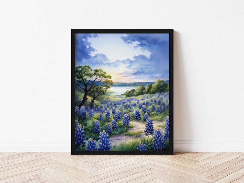 Celebrate Texas wild beauty with this watercolor print of Muleshoe Bend bluebonnet fields. Perfect for nature lovers and Lone Star enthusiasts. Tranquility of a Texas ranch sunset with this rural landscape art. Heart of the Hill Country Texas.
