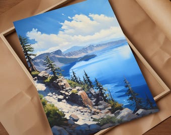 Oljemålning i Crater Lake National Park, djupblått, djupgående skönhet, uttrycksfulla linjer, fångar naturens majestät i denna konstfulla skildring
