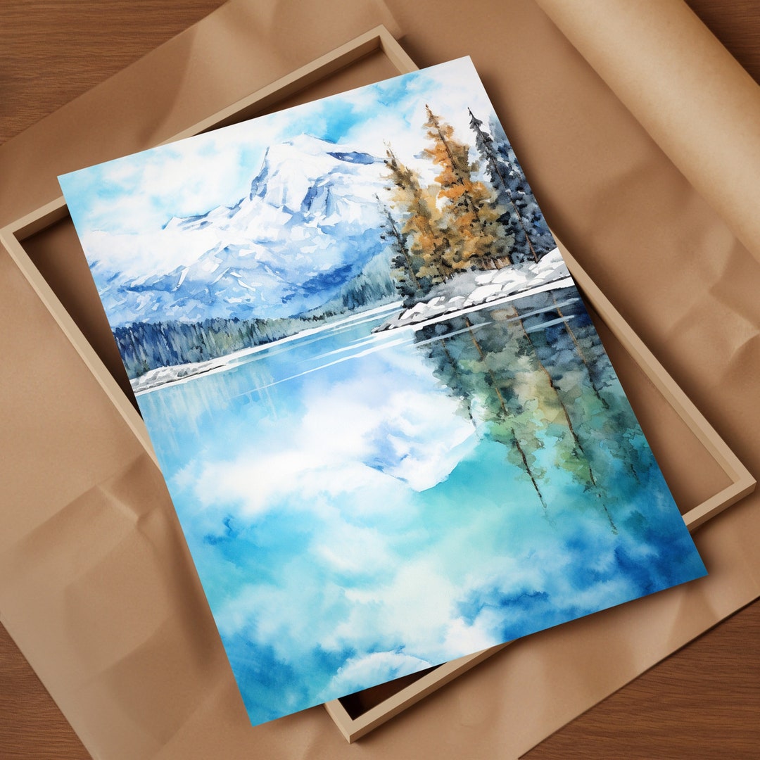 Snowy Winter Mountains River Watercolor Art Print Capturing Serene ...
