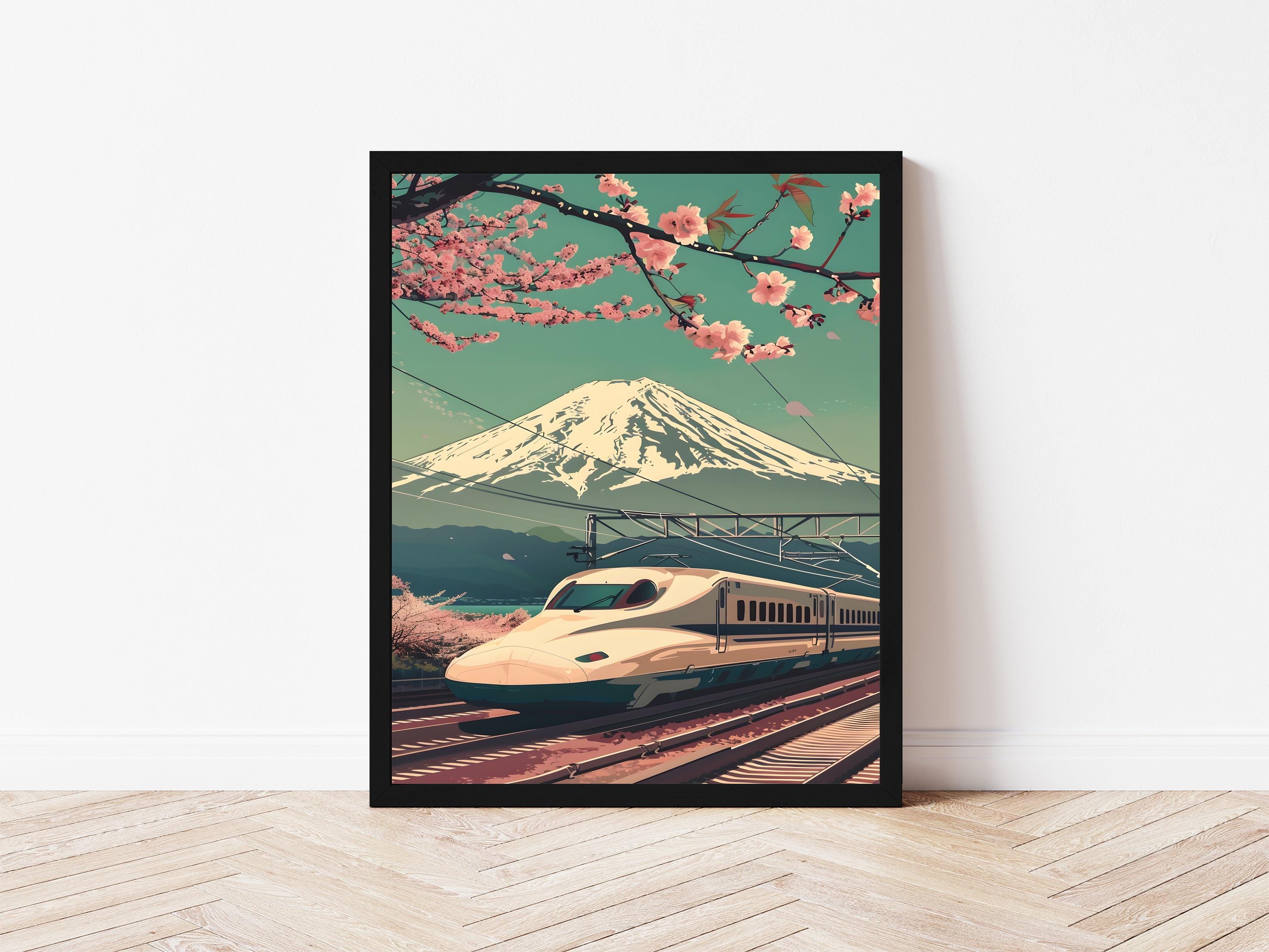 Mount Fuji Cherry Blossom Wall Art Print Bullet Train Vintage Japan ...