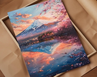 Mount Fuji Sunrise Oil Painting Art Print Majestic Dawn Colors Illuminate Snow-Capped Peak & Cherry Blossoms Capturing Nature's Splendor