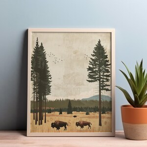 Yellowstone Park Wildlife Bison Grazing in Vintage Minimalist Art Print ...