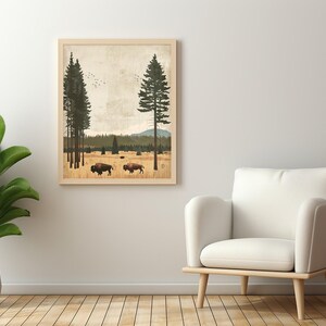 Yellowstone Park Wildlife Bison Grazing in Vintage Minimalist Art Print ...