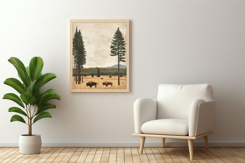 Yellowstone Park Wildlife Bison Grazing in Vintage Minimalist Art Print ...