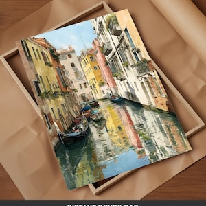 May include: Watercolor painting of a Venetian canal scene with colorful buildings and gondolas. The artwork features reflections in the water and a bright blue sky. The words "INSTANT DOWNLOAD" are at the bottom.