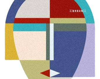 May include: Abstract geometric face design with a blue, red, yellow, green, and white color scheme. The design is in the shape of a face with a rounded top and a pointed chin. The text "URBAN" is in the upper right corner of the design.