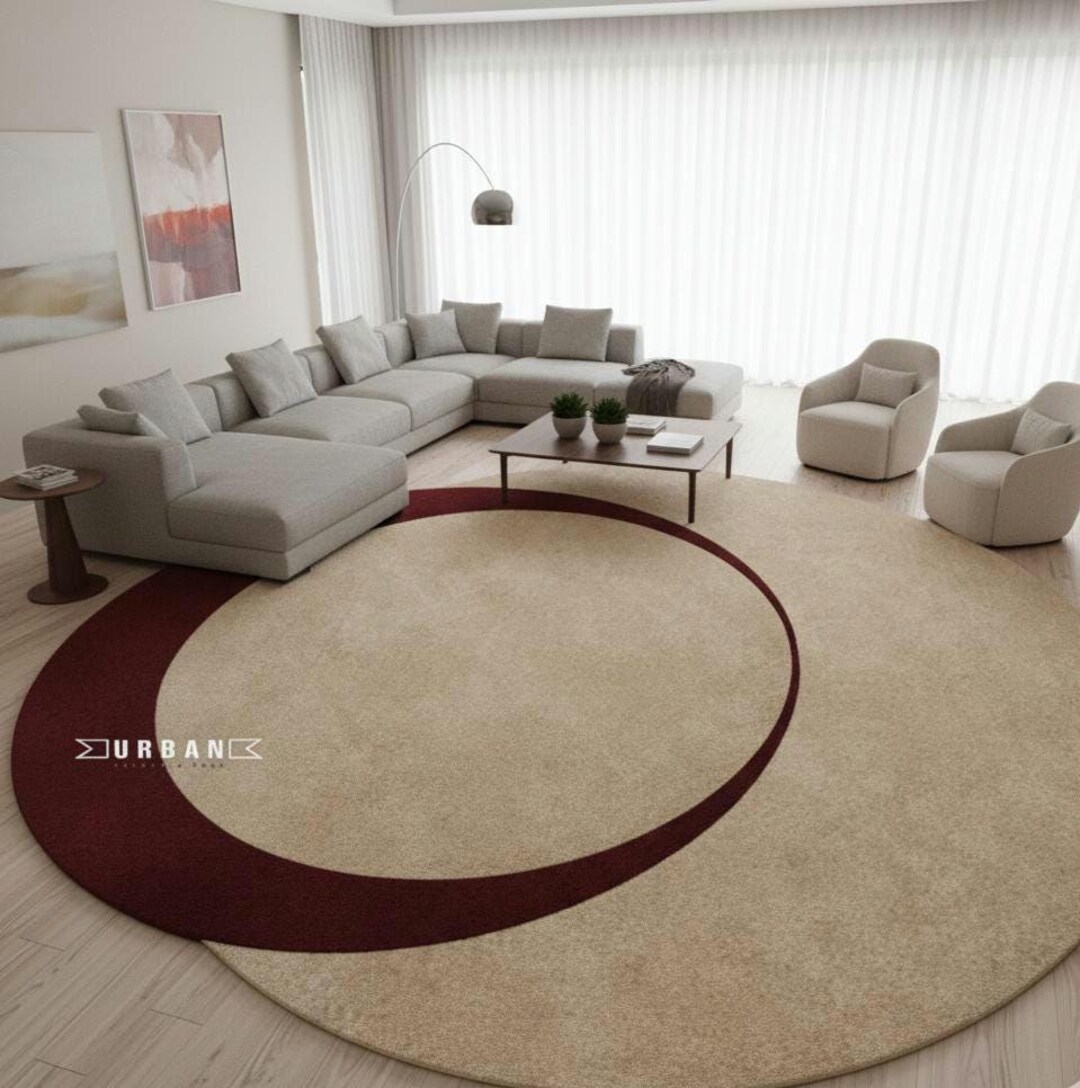 Linear Ribbed Maroon Rug Beige Maroon Minimalist Modern Abstract Irregular Shape Woolen Handmade ...